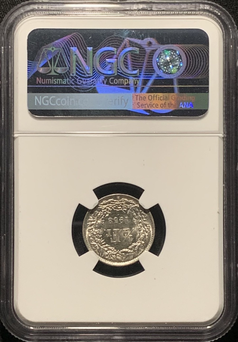 紫瑗钱币——第264期拍卖 瑞士 1958年 赫尔维蒂亚 1/2法郎 银币 NGC MS62