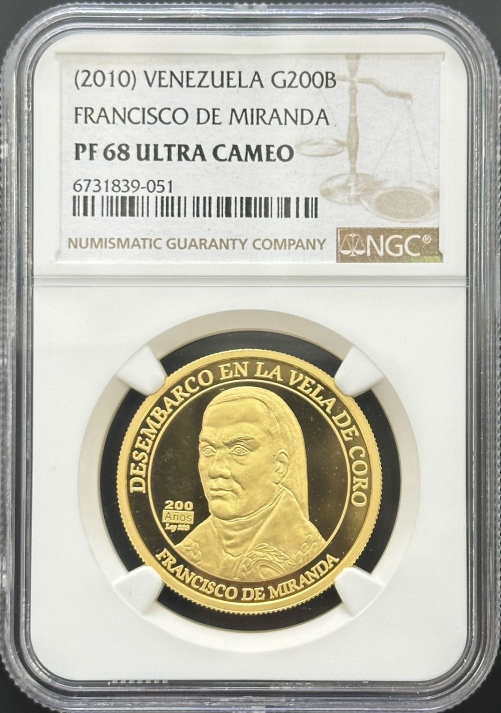 紫瑗钱币——第264期拍卖 委内瑞拉 2010年 弗朗西斯科·德·米兰达 200玻利瓦尔 金币 NGC PR68 UC