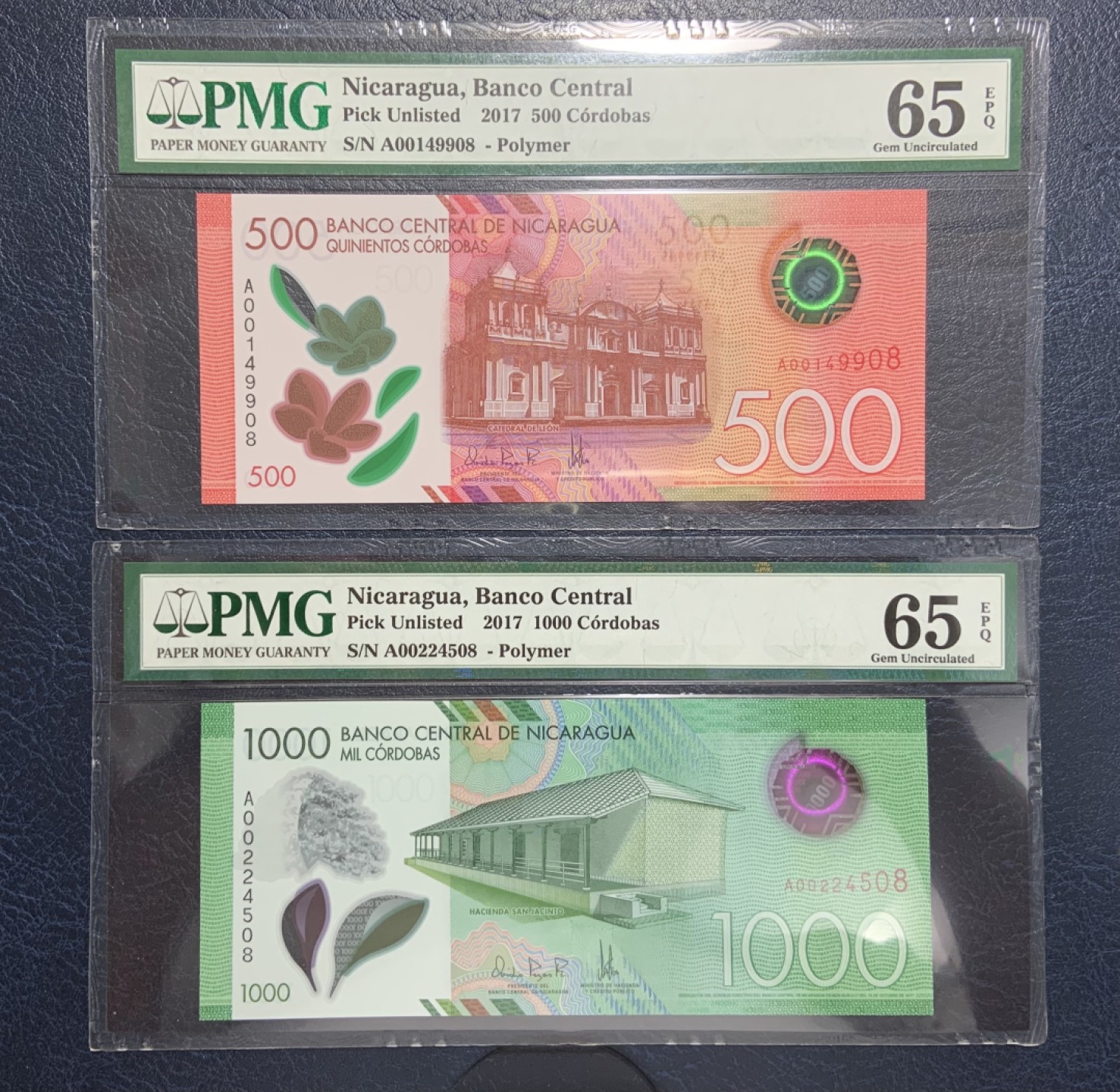 收藏联盟Quantum Auction 第250期拍卖  尼加拉瓜2017年500和1000科罗巴尾二同一对 PMG65 首发A