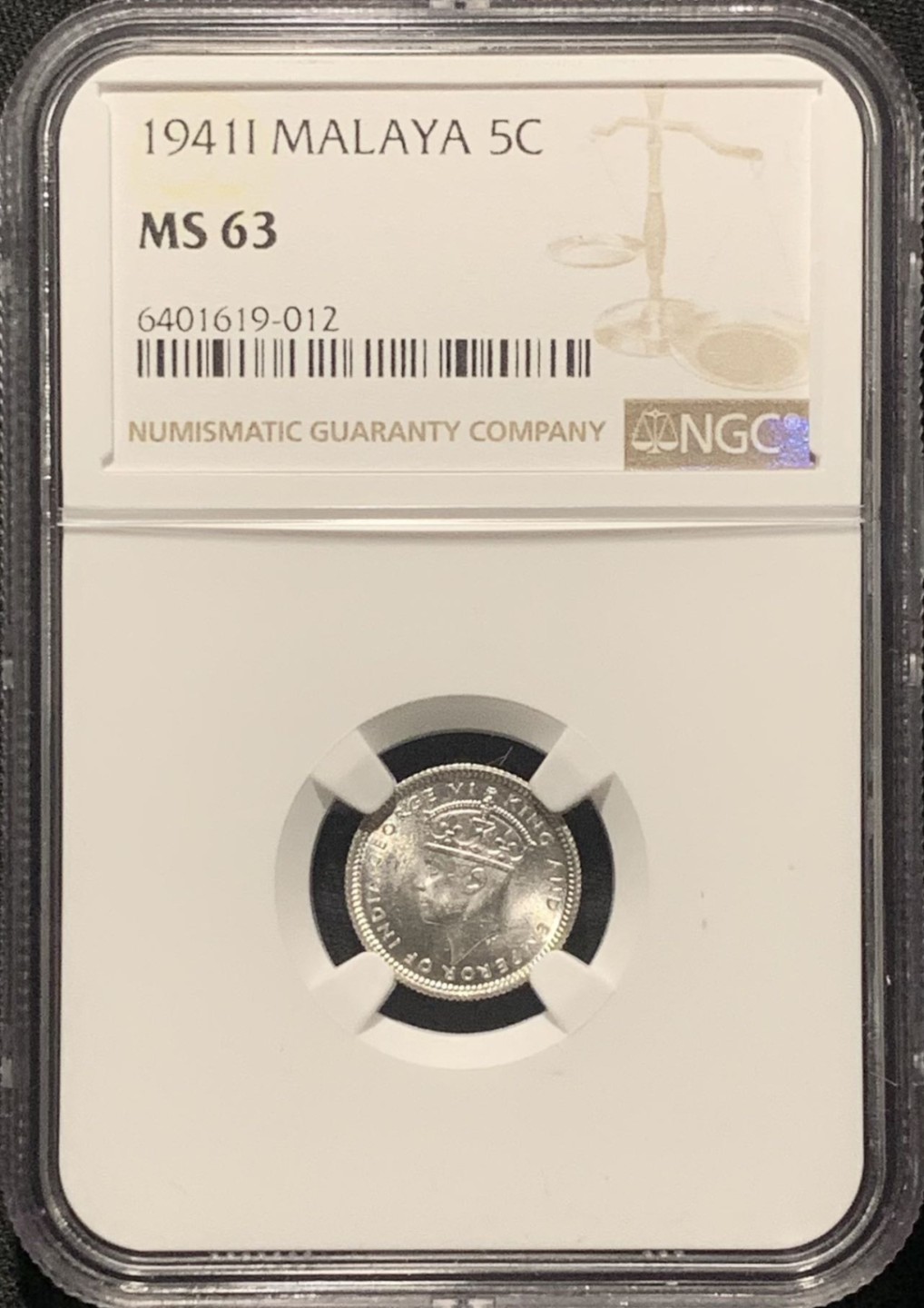 紫瑗钱币——第264期拍卖 马来亚 1941年 i版 乔治六世 5分 银币 NGC MS63