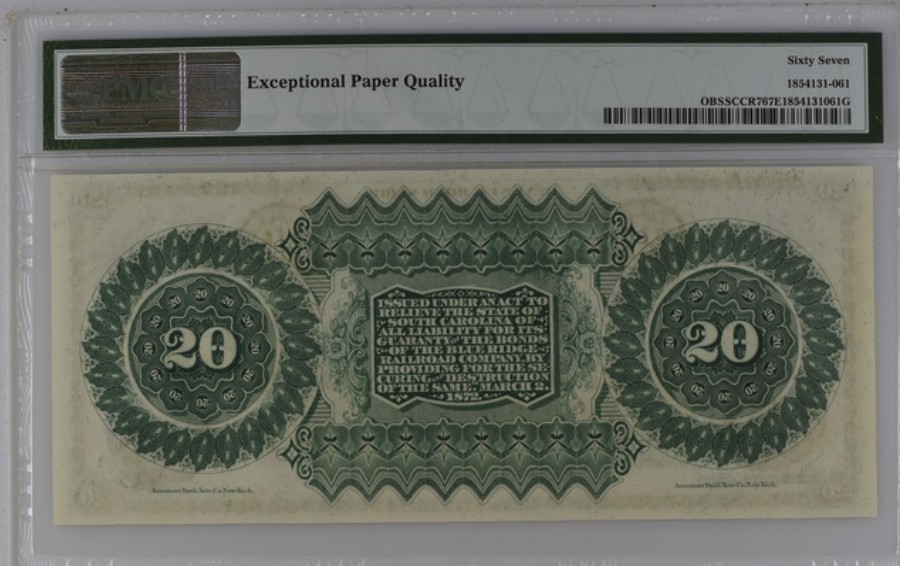 收藏联盟Quantum Auction 第250期拍卖  南卡罗莱纳州1872年20元 PMG67 带签实票 