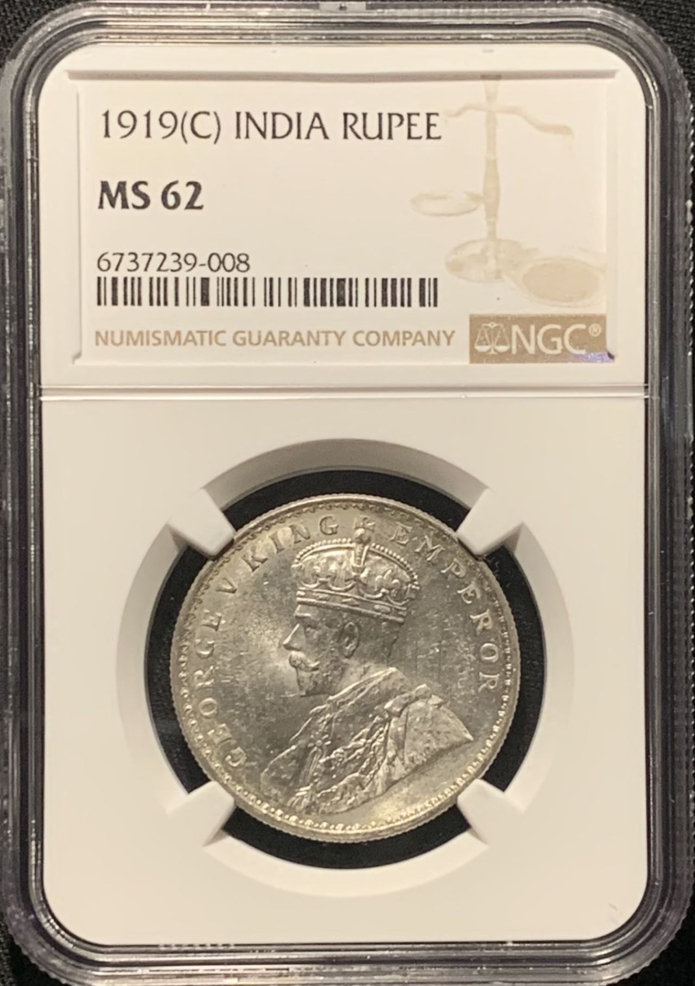 紫瑗钱币——第264期拍卖 英属印度 1919年 C版 乔治五世 1卢比 银币 NGC MS62