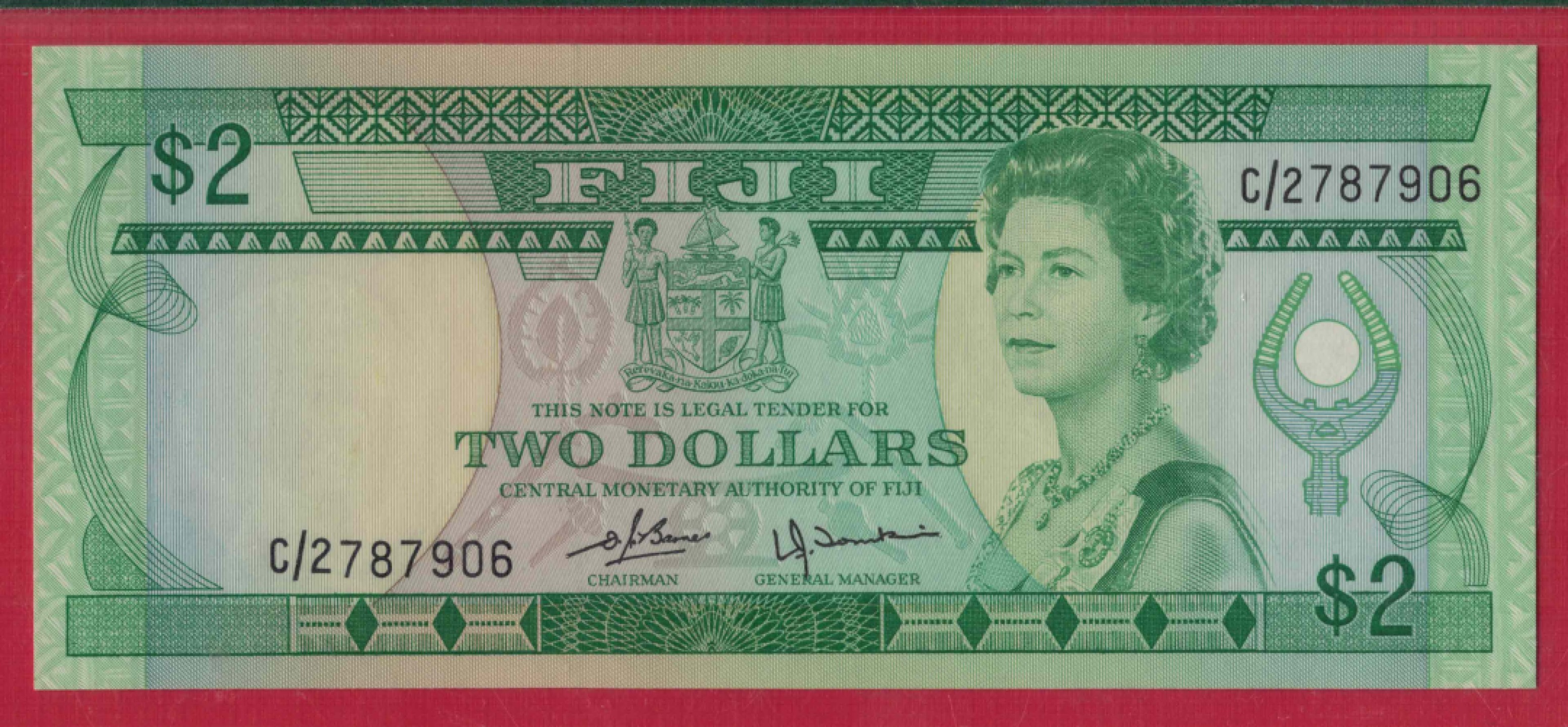 斐济2元 1980年 P-77a 冠军分 大洋洲纸币 实物如图 UNC
