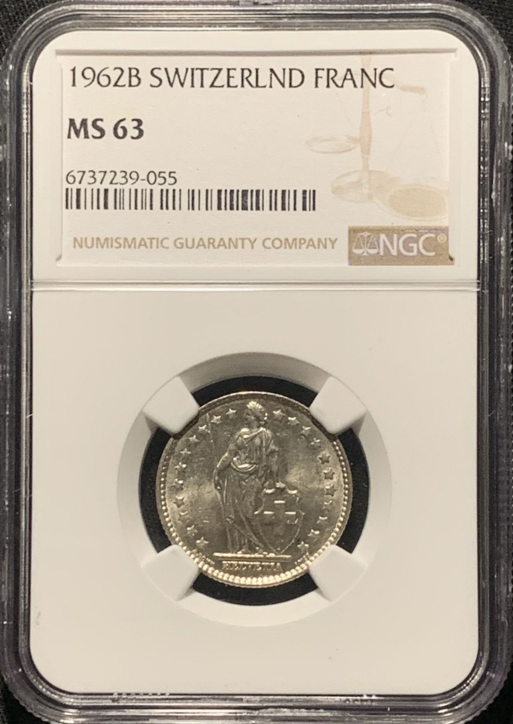 紫瑗钱币——第264期拍卖 瑞士 1962年 赫尔维蒂亚 1法郎 银币 NGC MS63