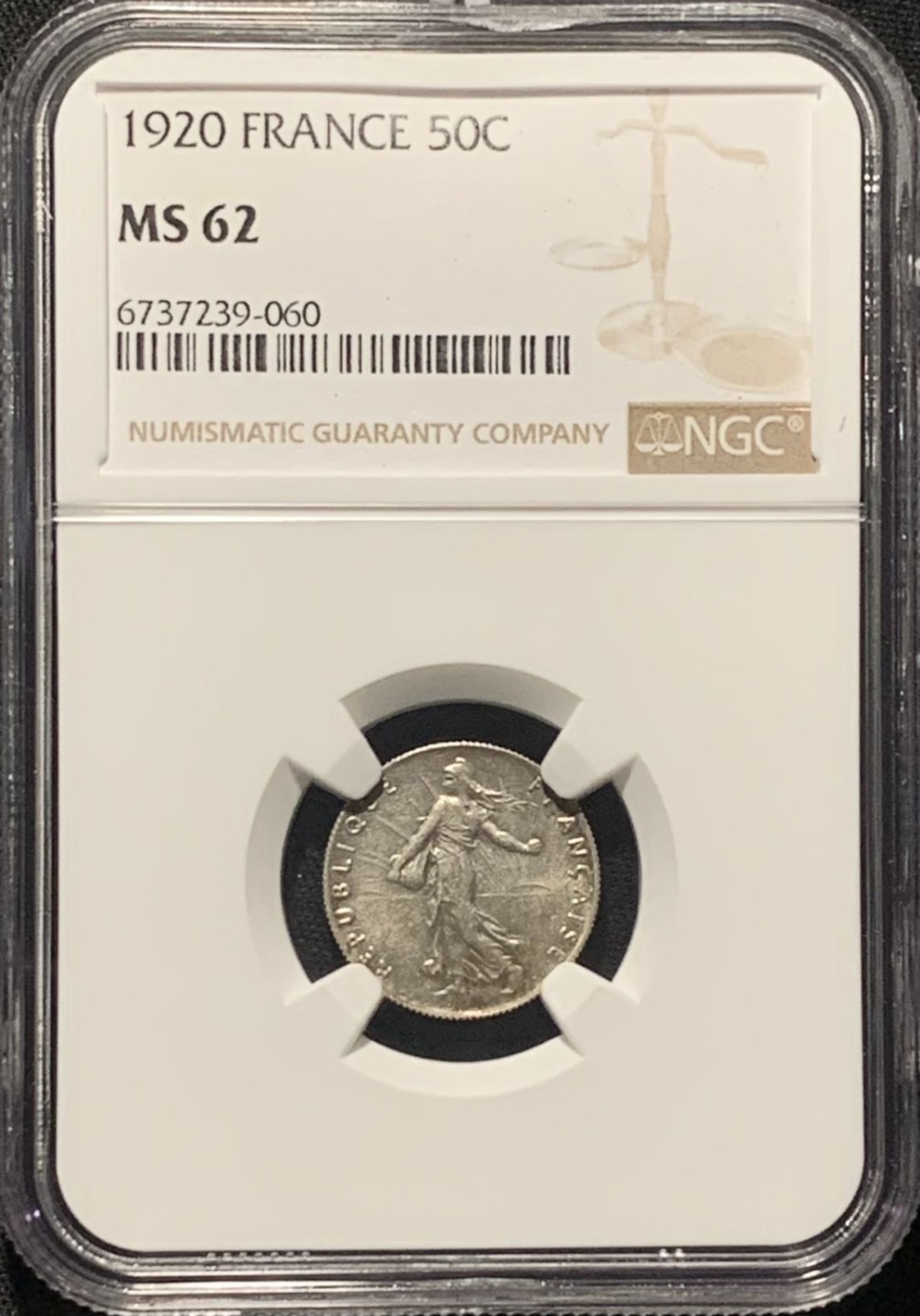 紫瑗钱币——第264期拍卖 法国 1920年 播种女神 50分 银币 NGC MS62