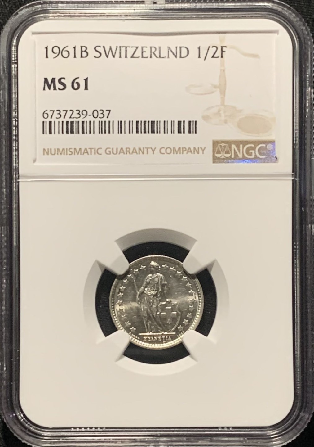紫瑗钱币——第264期拍卖 瑞士 1961年 赫尔维蒂亚 1/2法郎 银币 NGC MS61