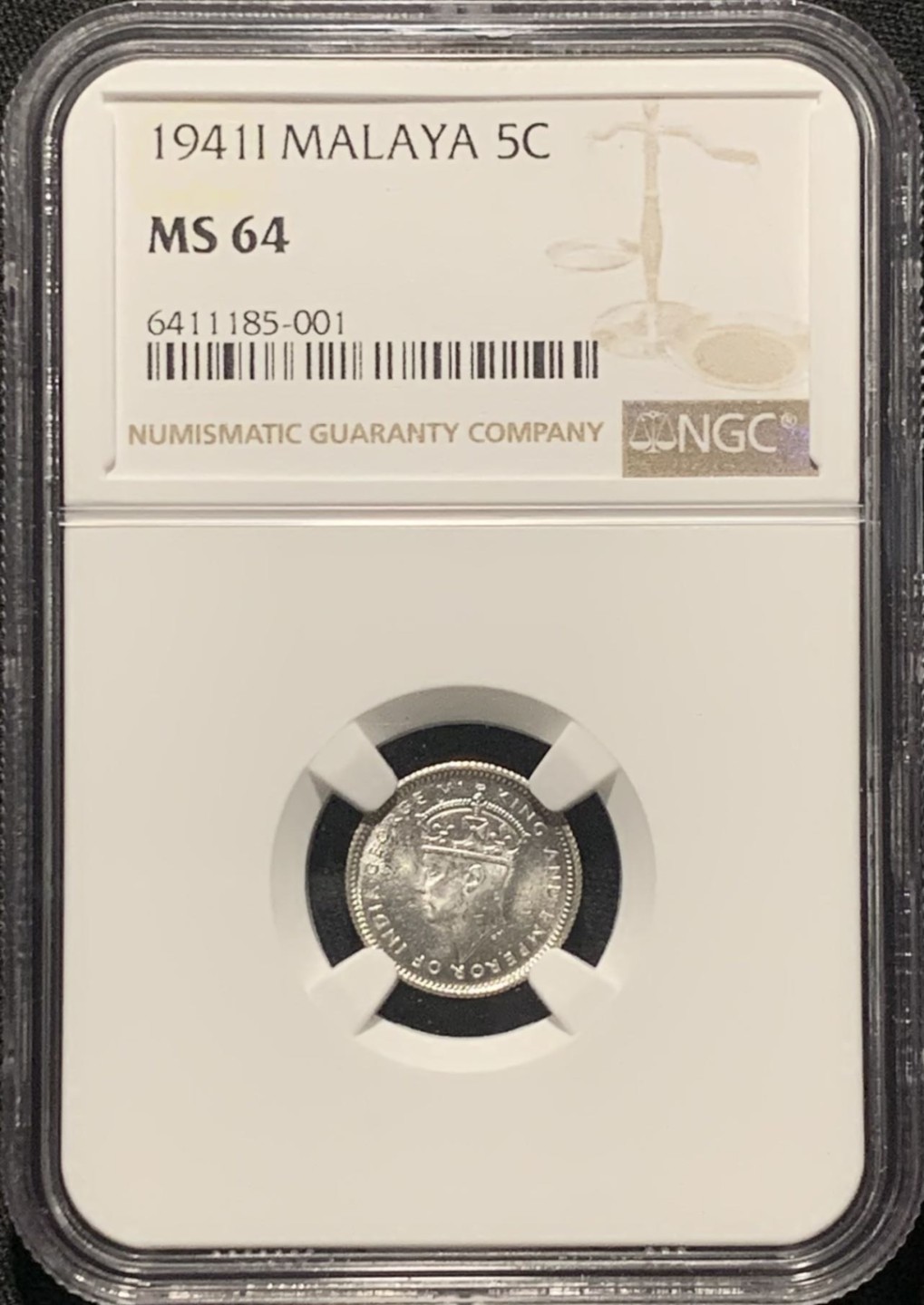 紫瑗钱币——第264期拍卖 马来亚 1941年 i版 乔治六世 5分 银币 NGC MS64