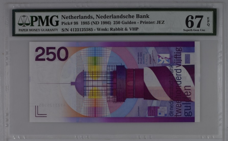 收藏联盟Quantum Auction 第250期拍卖  荷兰1985年250盾 PMG67 灯塔 兔子水印