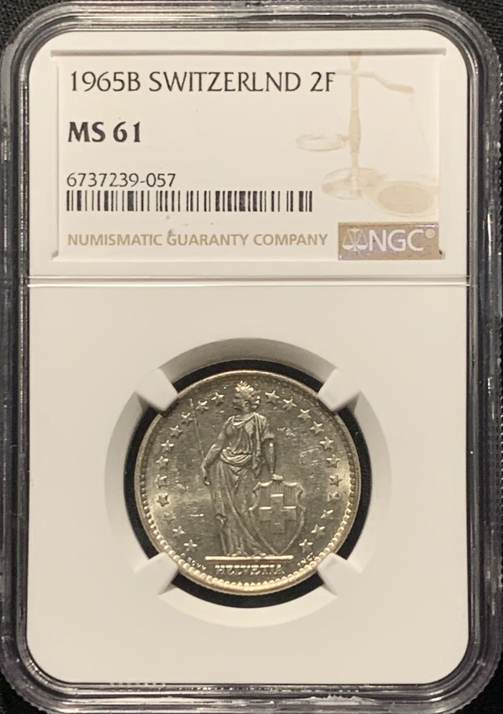 紫瑗钱币——第264期拍卖 瑞士 1965年 赫尔维蒂亚 2法郎 银币 NGC MS61