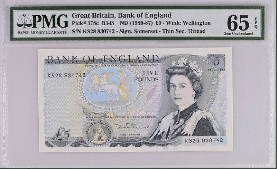 收藏联盟Quantum Auction 第250期拍卖  英国1980-87年5镑 PMG65 威灵顿公爵