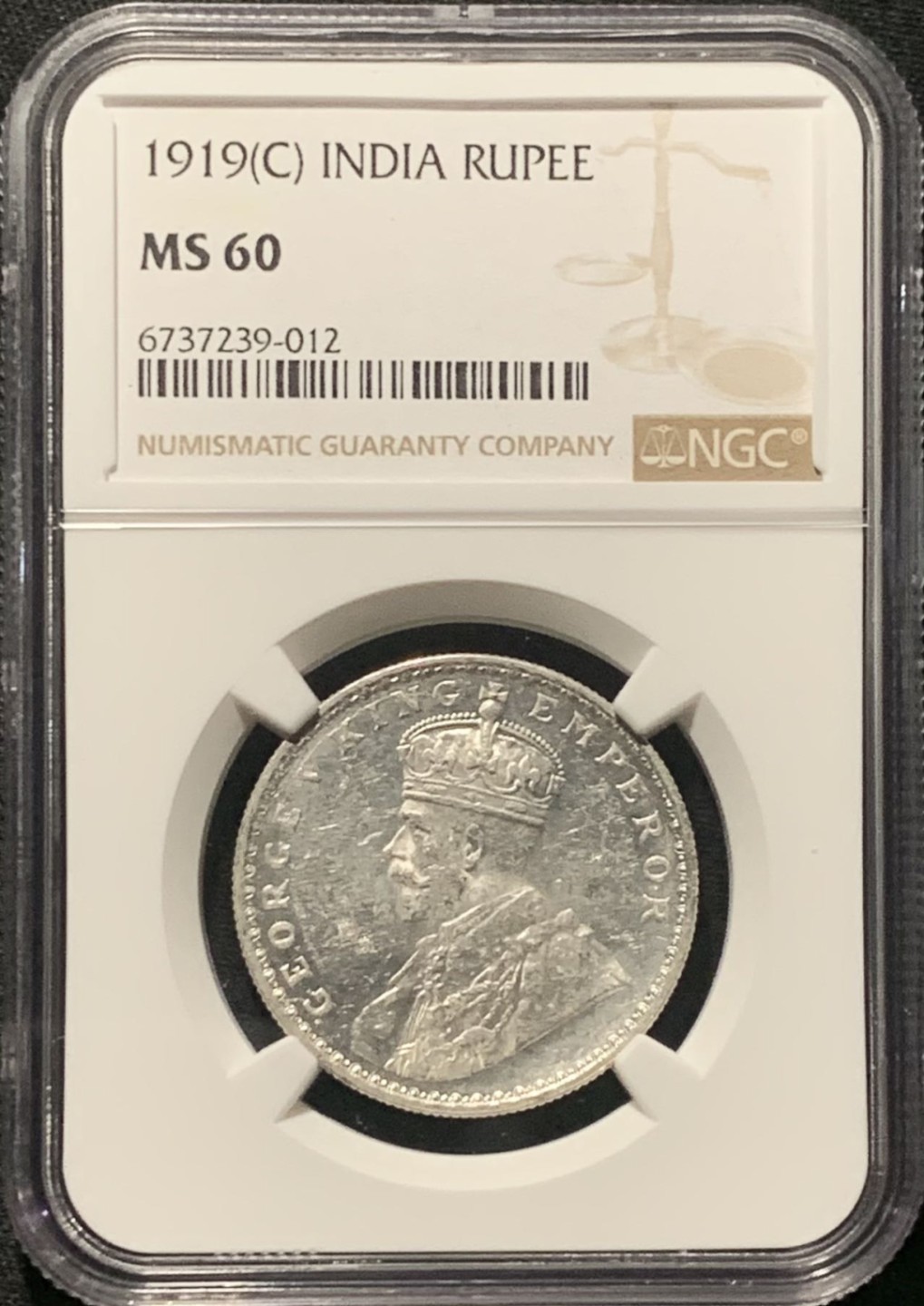 紫瑗钱币——第264期拍卖 英属印度 1919年 C版 乔治五世 1卢比 银币 NGC MS60