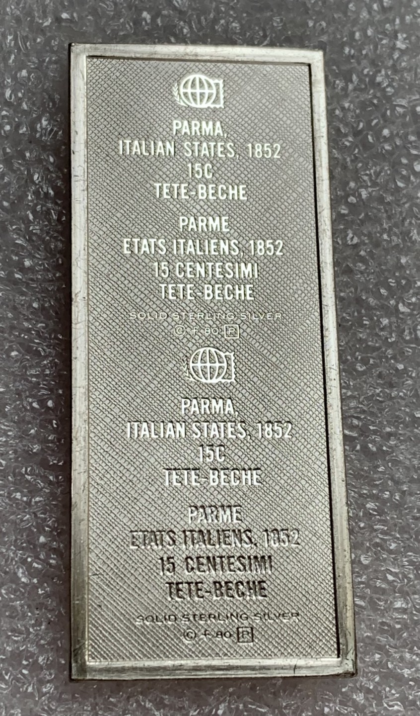 瓶子🏺第87期拍卖会 意大利帕尔马15分银质邮票  48×20mm  16.35g  世界邮政后铸