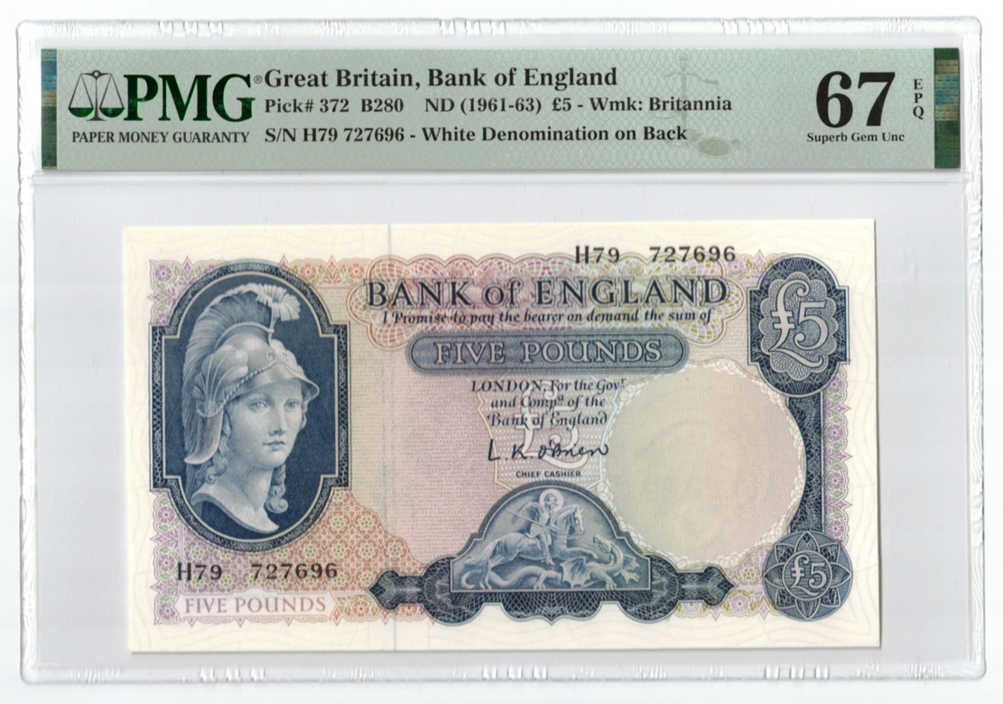 《张总收藏》98期——外币强钞100拍 英格兰5镑 PMG67E B序列 1961-1963年 无4