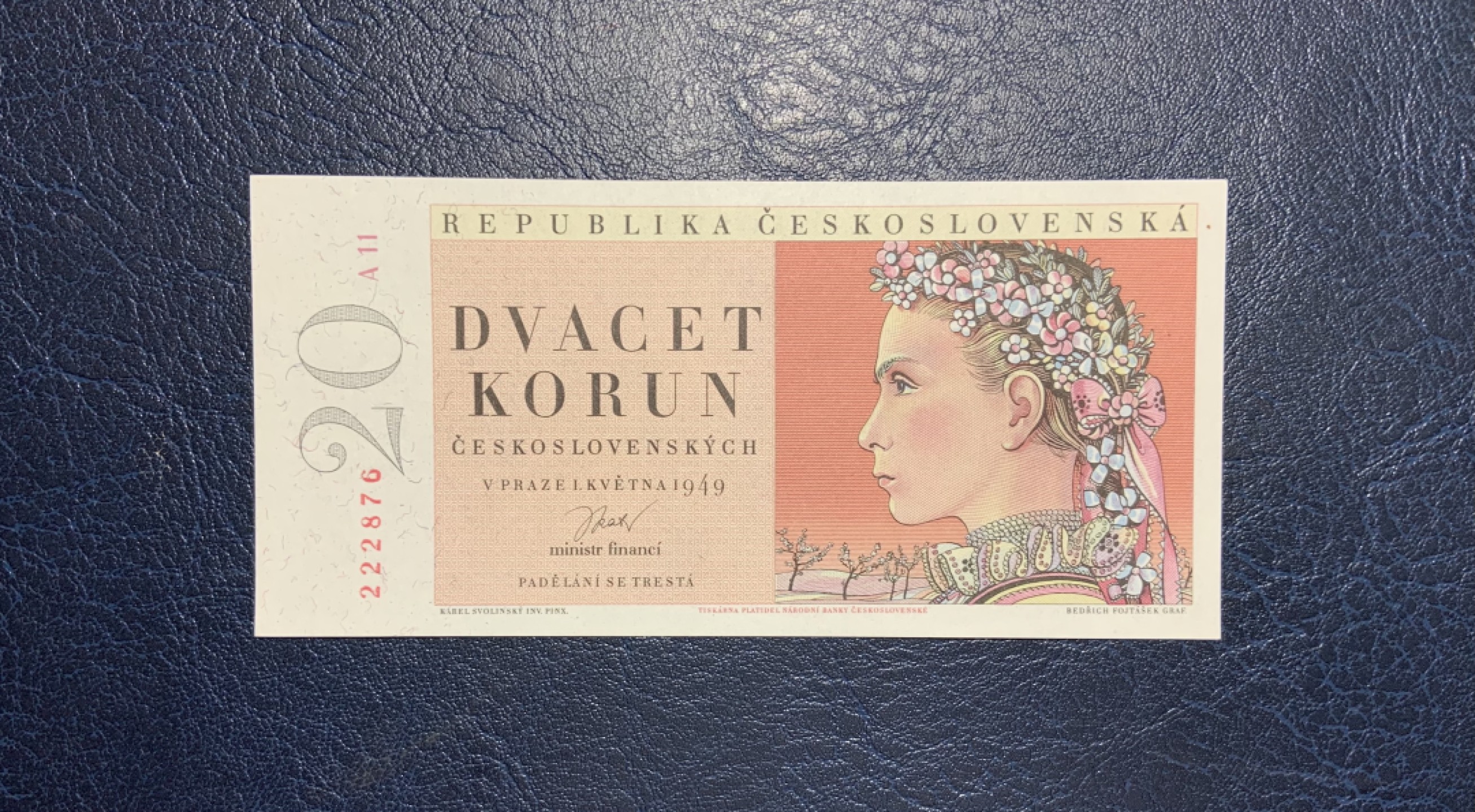 收藏联盟Quantum Auction 第250期拍卖  捷克斯洛伐克1949年20克朗 品相UNC a版 花冠女孩 豹子头顺子尾 背面有一道油墨痕