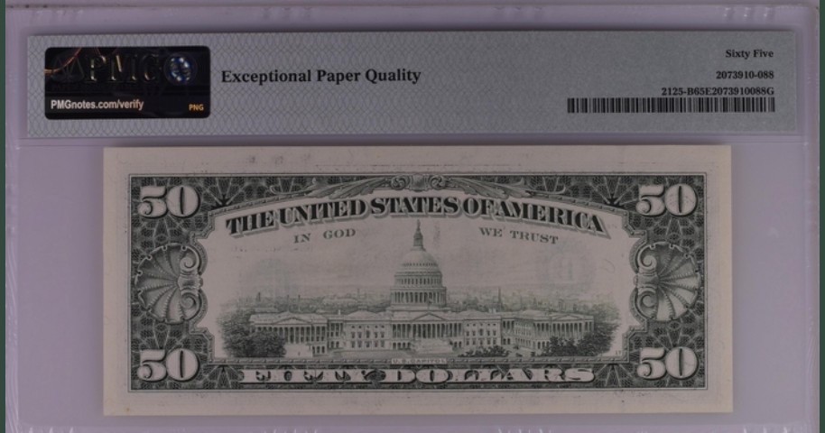 收藏联盟Quantum Auction 第251期拍卖  美国联邦储备券1993年50元 PMG65 号码无4