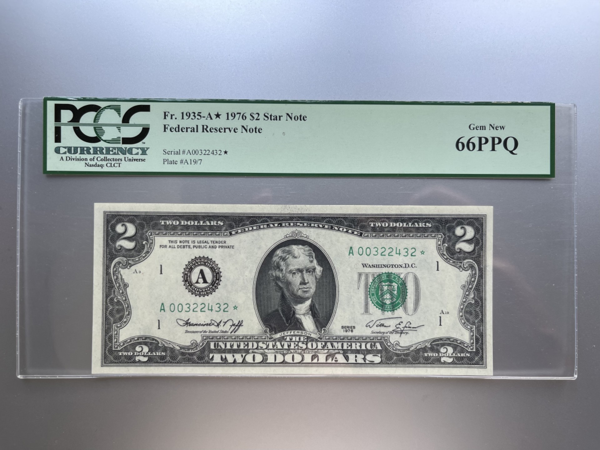 收藏联盟Quantum Auction 第250期拍卖  美国1976年联邦储备券2元 PCGS66 星补号