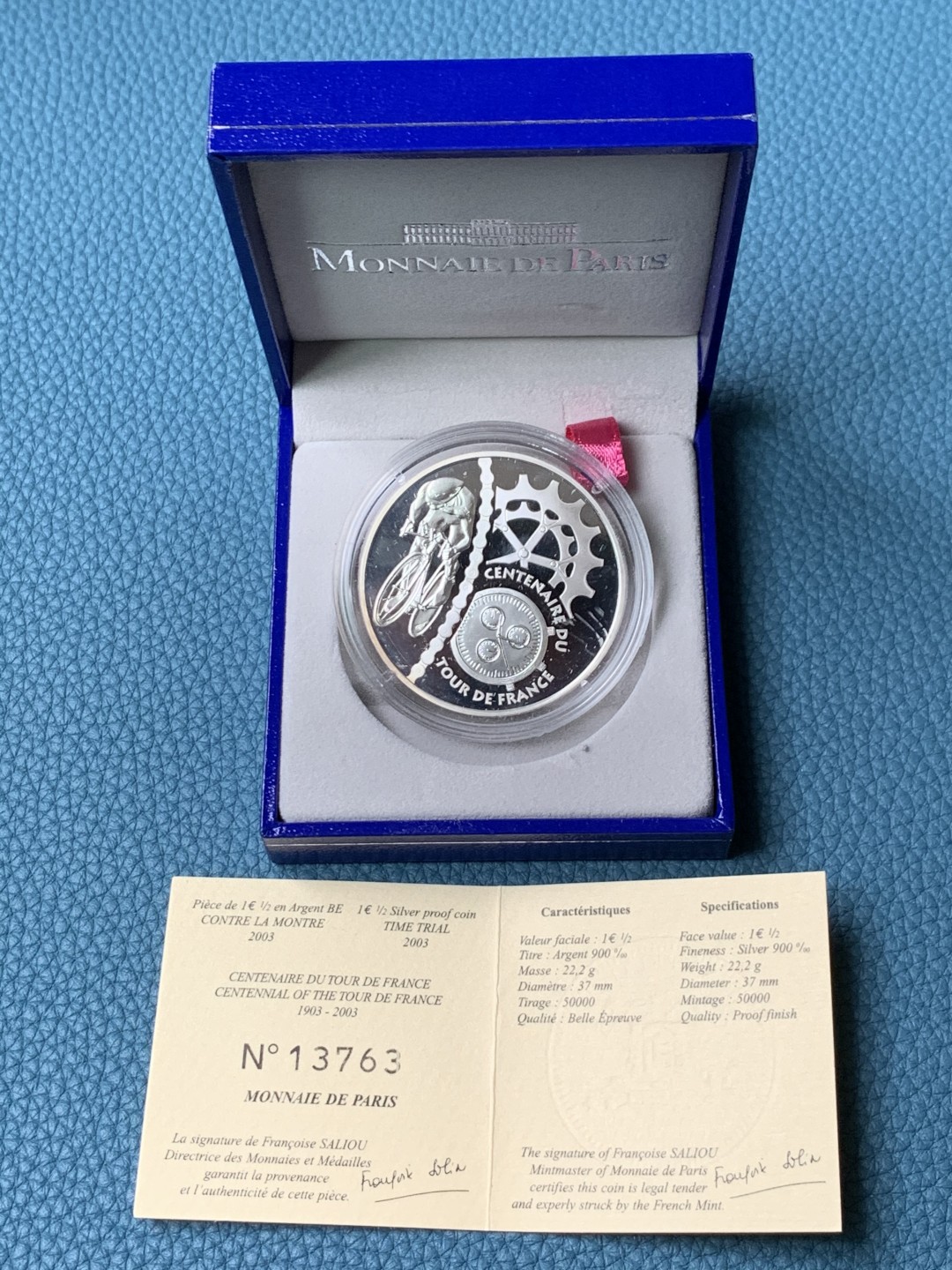 《竞宝斋》第154场-周日，周一，周四 3场 (全场包邮) 原盒法国 2003年 自行车赛 1 1/2欧元精制大银币