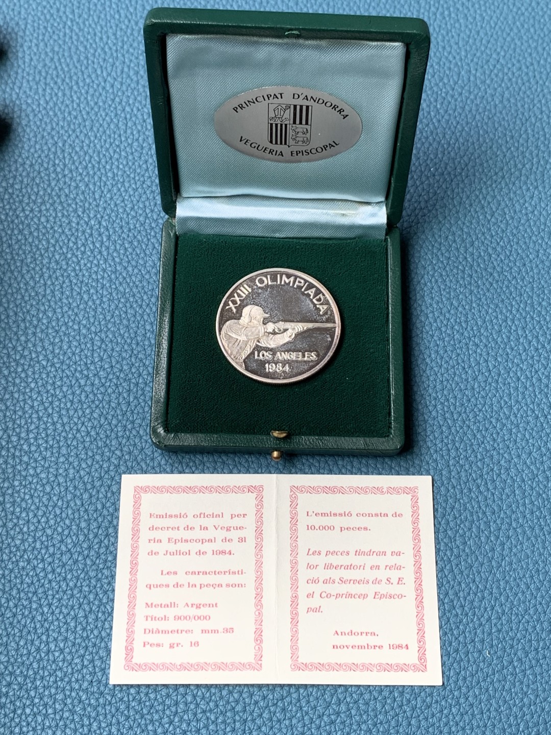 《竞宝斋》第154场-周日，周一，周四 3场 (全场包邮) 安道尔1984年 射击运动 20第纳尔大银币 带盒子和证书