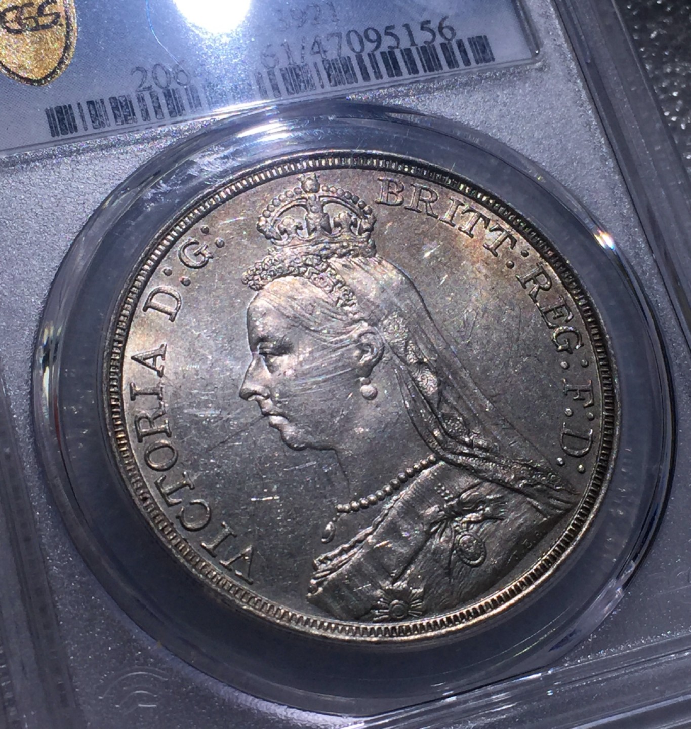 方圆集藏第三期专场 11240-PCGS61分英国1889年维多利亚高冠版马剑银币