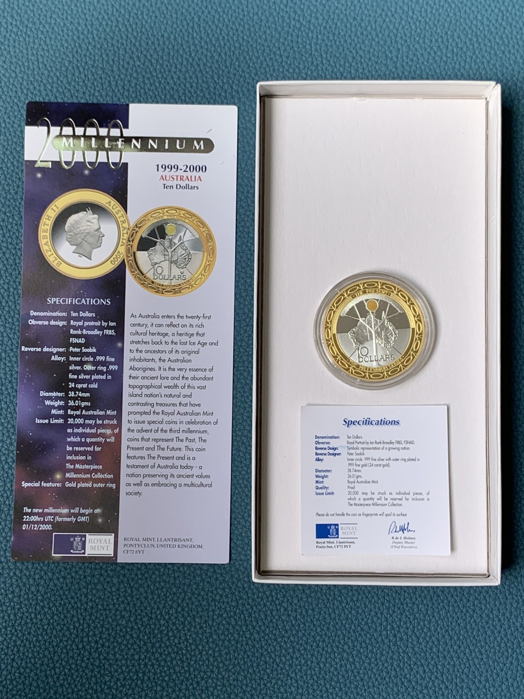 《竞宝斋》第154场-周日，周一，周四 3场 (全场包邮) 澳大利亚2000年 千禧年纪念 10元 精制大银币 边缘渡24K金子 币是纯银 36.01克