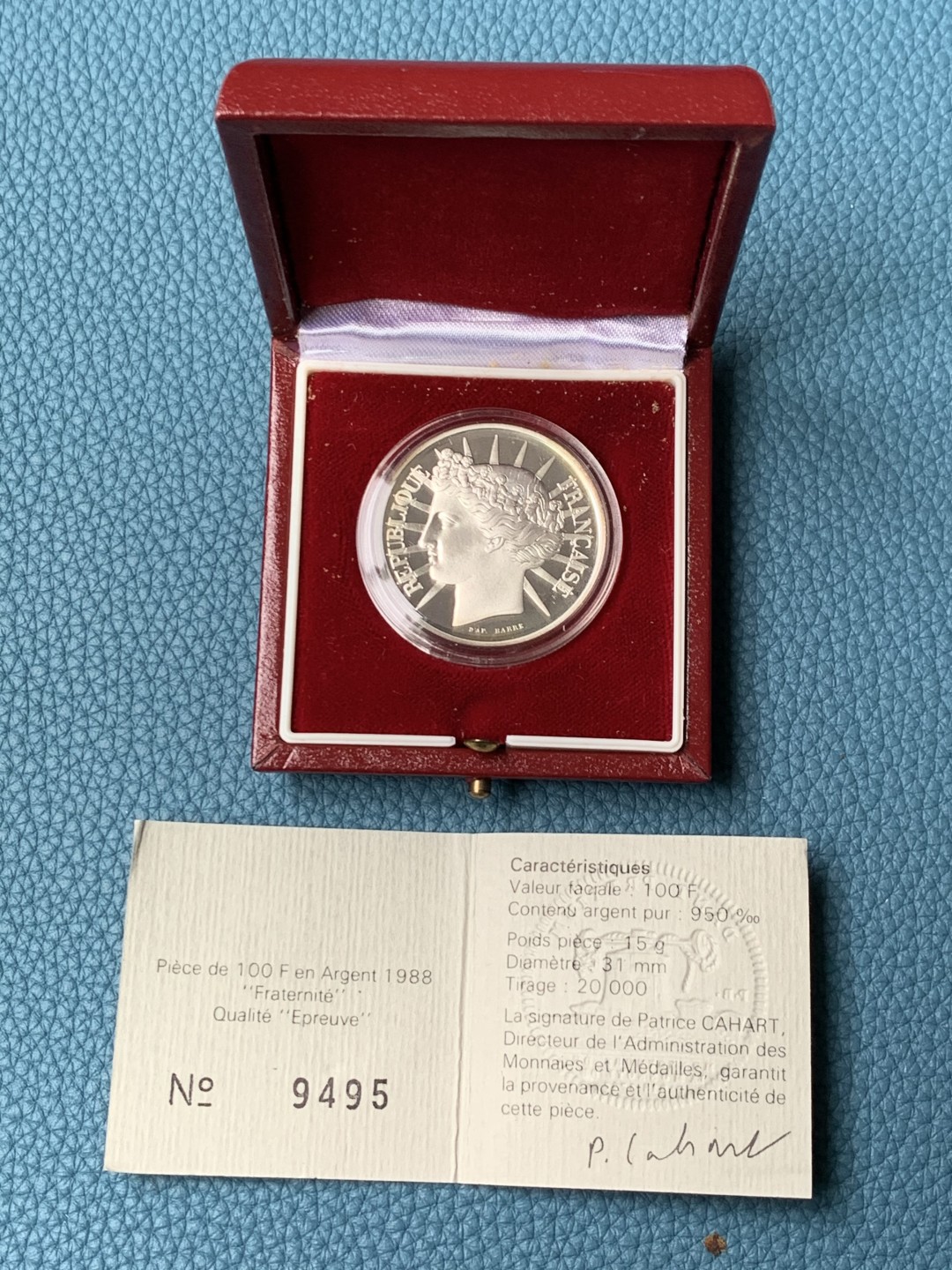 《竞宝斋》第154场-周日，周一，周四 3场 (全场包邮) 法国1988年 自由女神 100法郎精制币 红盒子证书