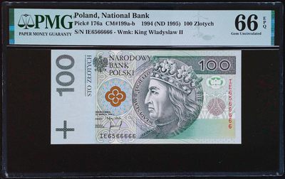 《家喻户晓》世界靓号纸钞第十六期-首发AA大猩猩67冠军分全网首拍 - 1994年波兰初版100兹罗提 超级靓号数二66666 PMG66