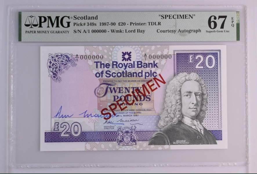 收藏联盟Quantum Auction 第251期拍卖  苏格兰皇家银行1987-90年20镑样票 PMG67