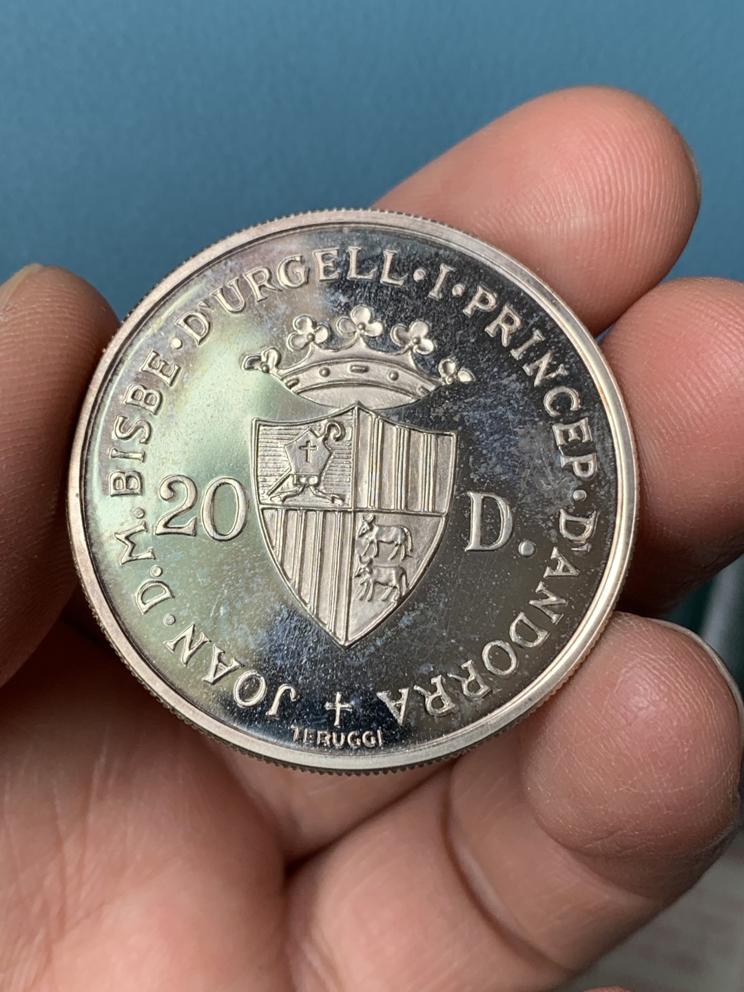 《竞宝斋》第154场-周日，周一，周四 3场 (全场包邮) 安道尔1984年 射击运动 20第纳尔大银币 带盒子和证书