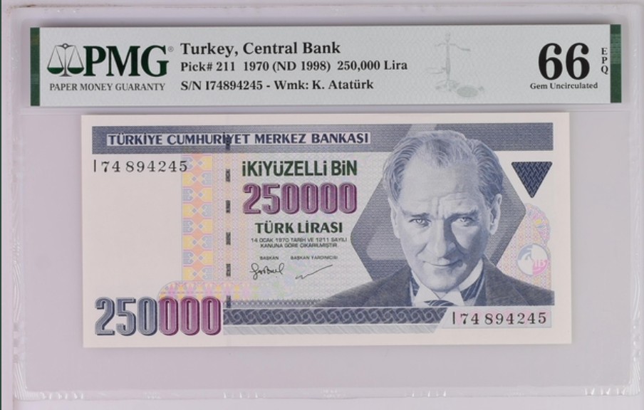 收藏联盟Quantum Auction 第251期拍卖  土耳其1998年250000里拉 PMG66