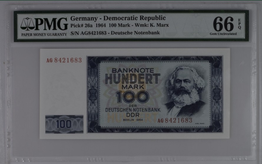 收藏联盟Quantum Auction 第251期拍卖  德国民主国1964年100马克 PMG66 革命导师马克思