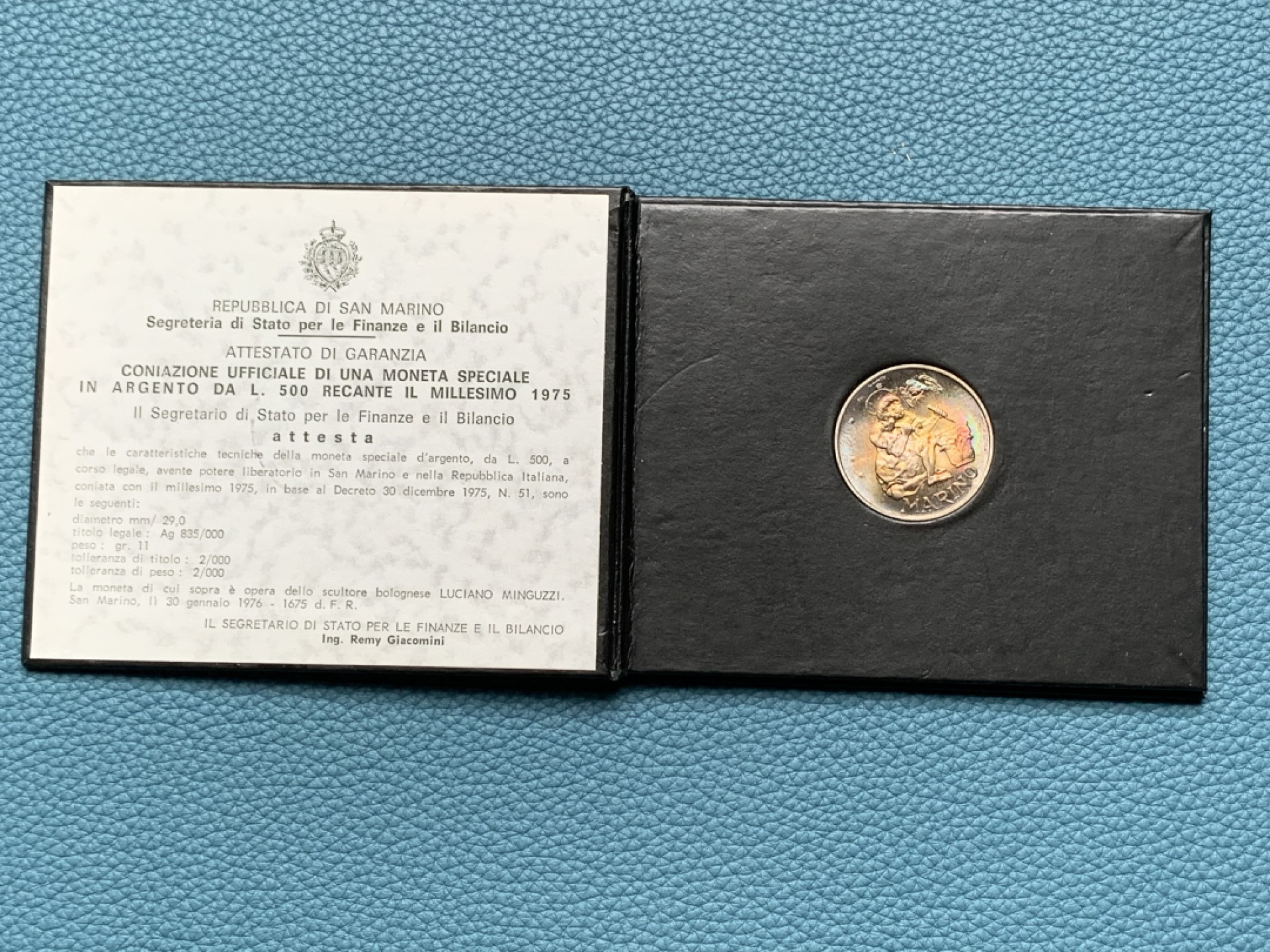 《竞宝斋》第154场-周日，周一，周四 3场 (全场包邮) 圣马力诺1975年 钱币学纪念 500里拉银币 五彩包浆