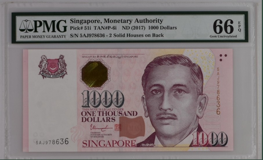 收藏联盟Quantum Auction 第251期拍卖  新加坡2017年1000元 PMG66  已经停止印刷发行