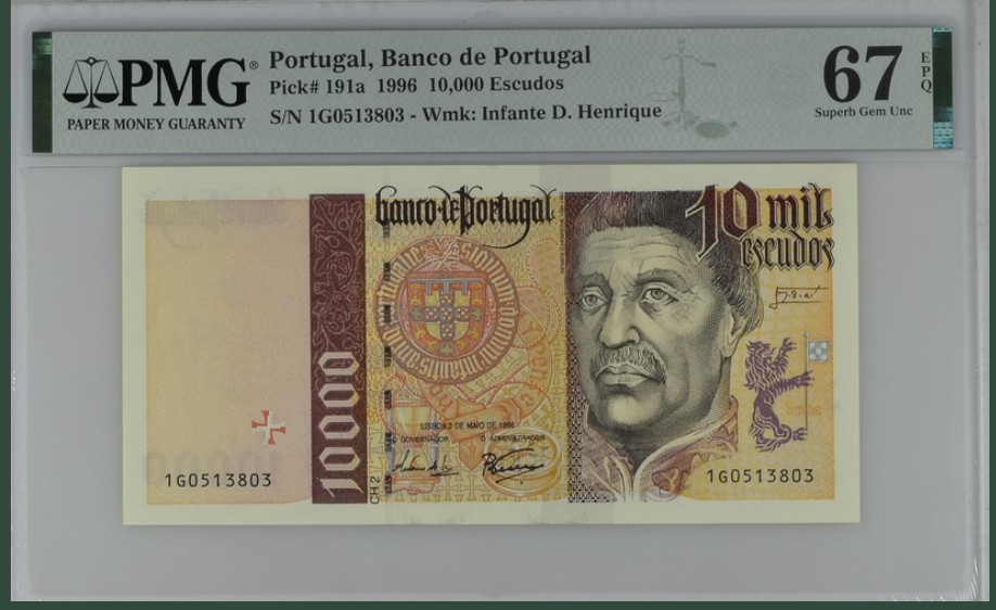 收藏联盟Quantum Auction 第251期拍卖  葡萄牙1996年10000埃斯库多 PMG67 初版 航海家 恩里克王子
