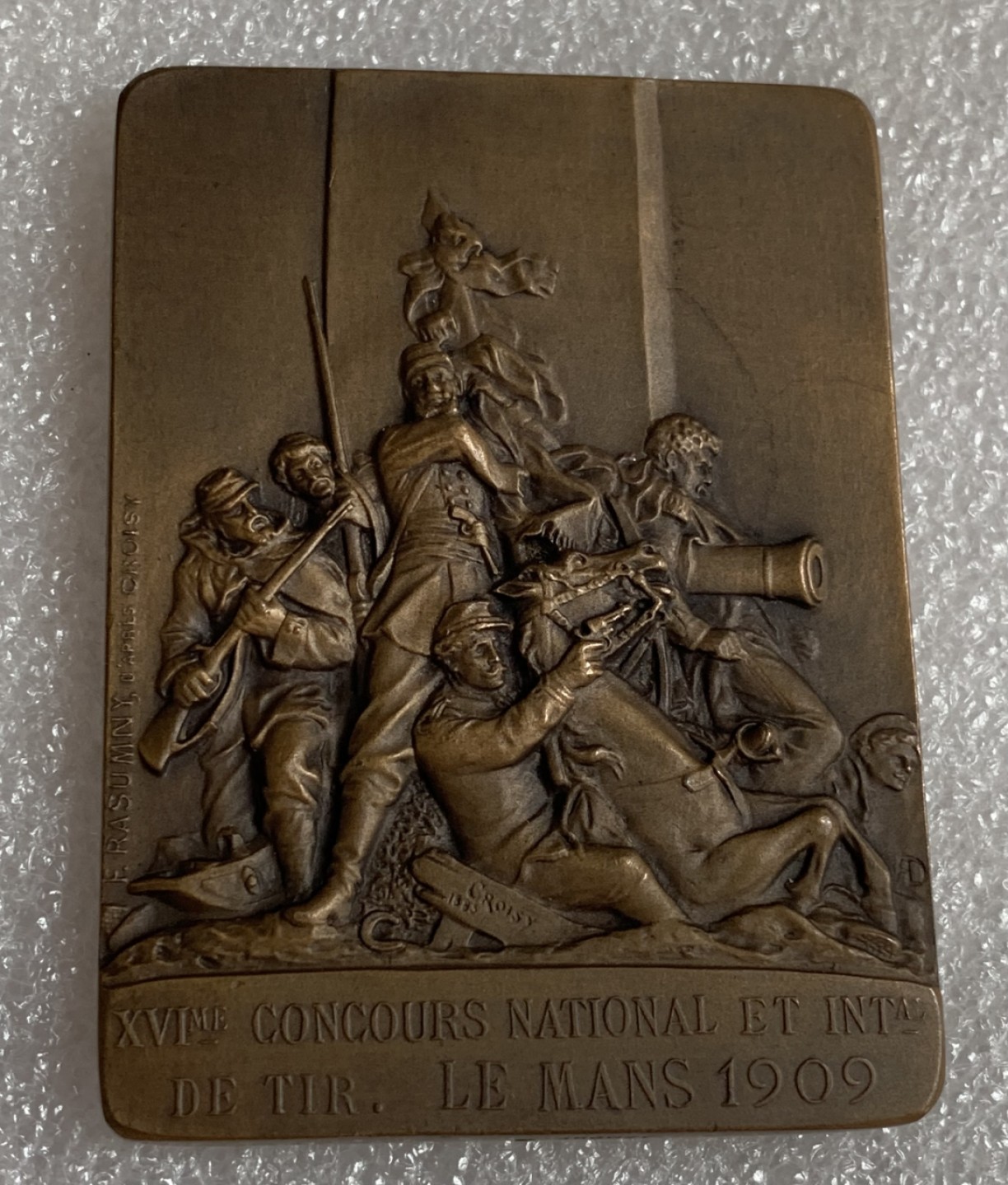 瓶子🏺第87期拍卖会 1909年法国射击比赛矩形铜章  尺寸45*60mm重量81.1g