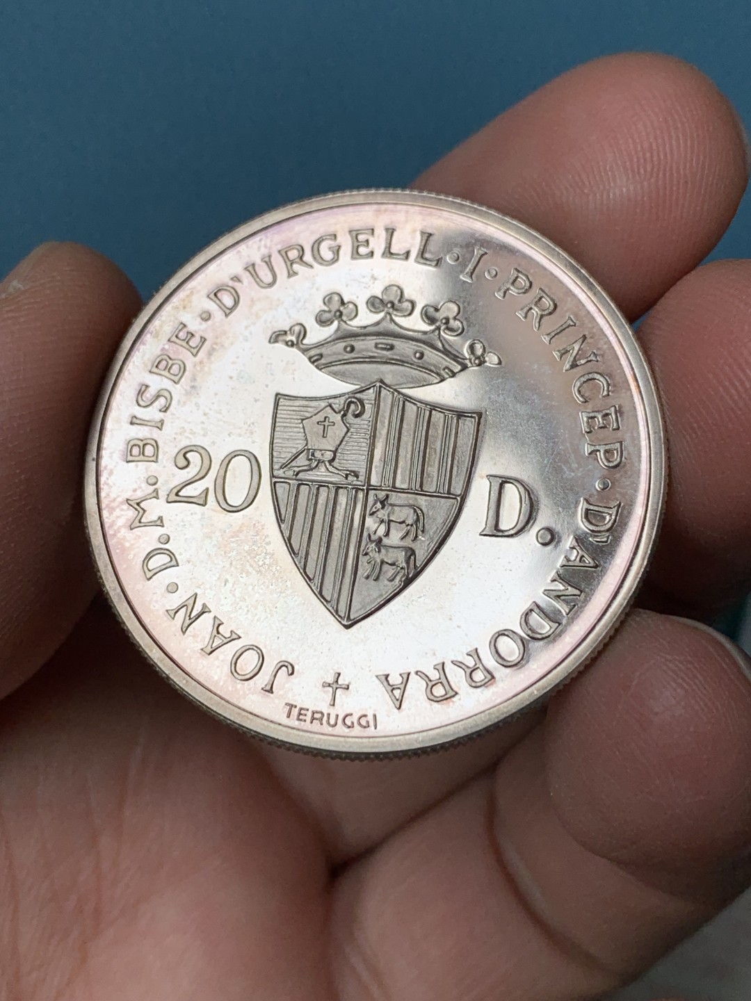 《竞宝斋》第154场-周日，周一，周四 3场 (全场包邮) 安道尔1984年 射击运动 20第纳尔大银币 带盒子和证书