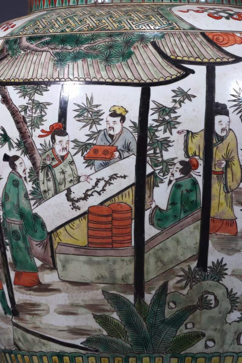 美品·款识“大明嘉靖年制”精工细作满工五彩通景人物故事纹罐。