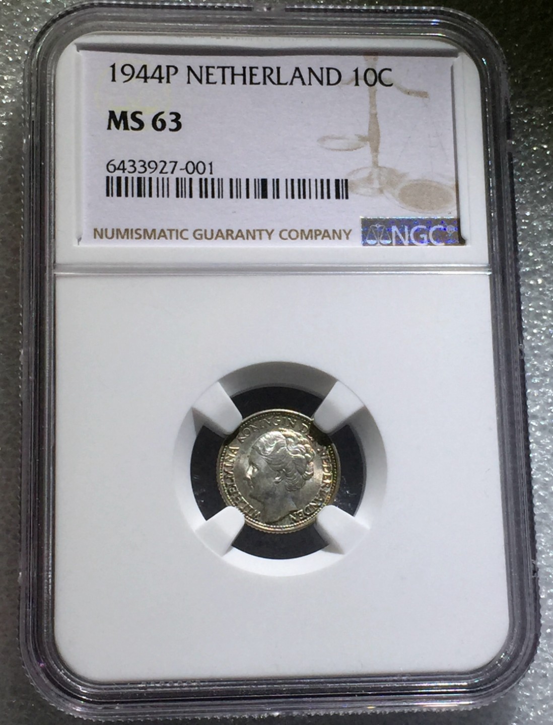 方圆集藏第三期专场 10833-NGC63荷兰1944年威廉明娜女王10分银币