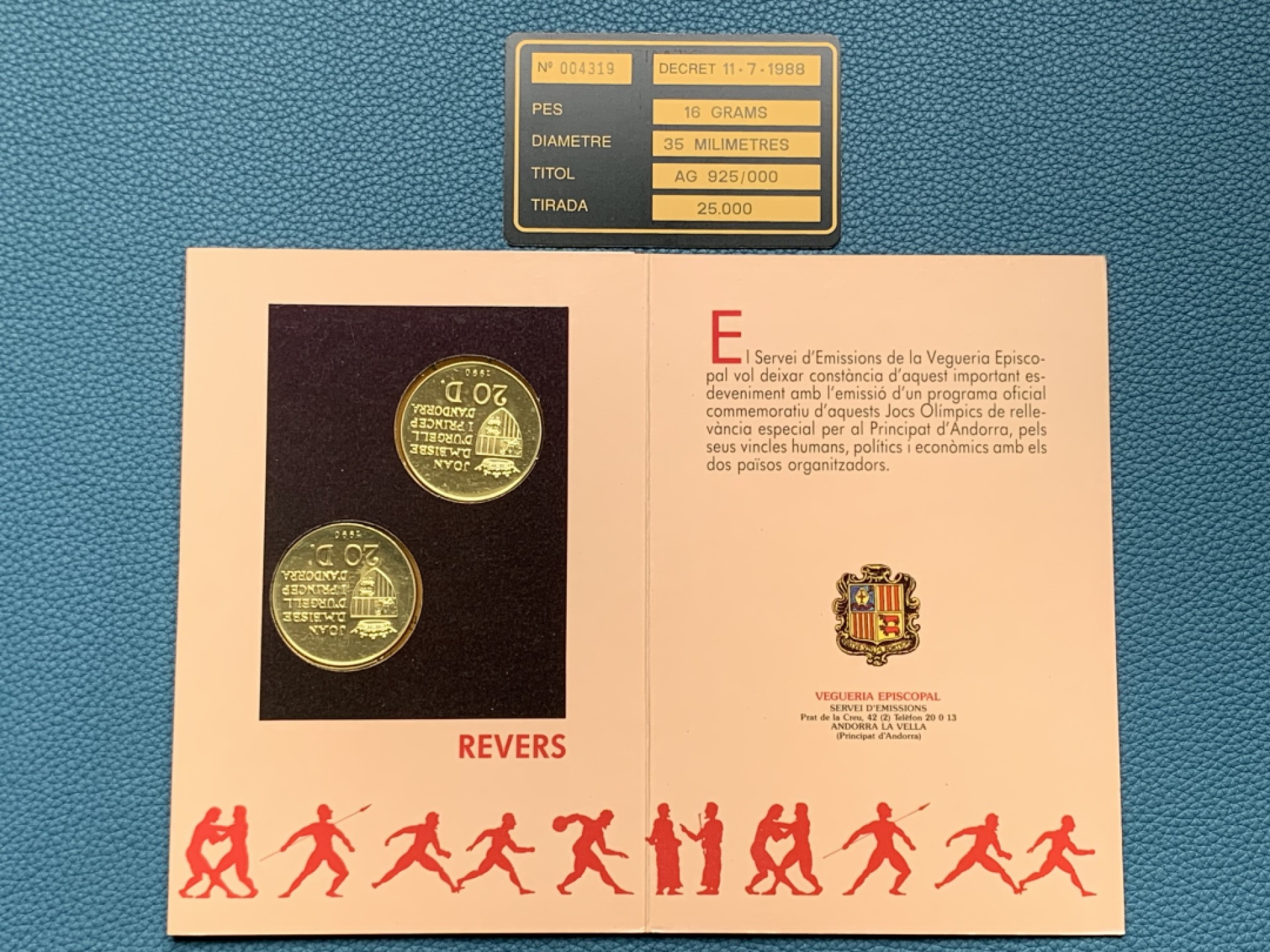 《竞宝斋》第154场-周日，周一，周四 3场 (全场包邮) 安道尔1992年 巴塞罗那奥运 20第纳尔一对 ，单枚16克925银