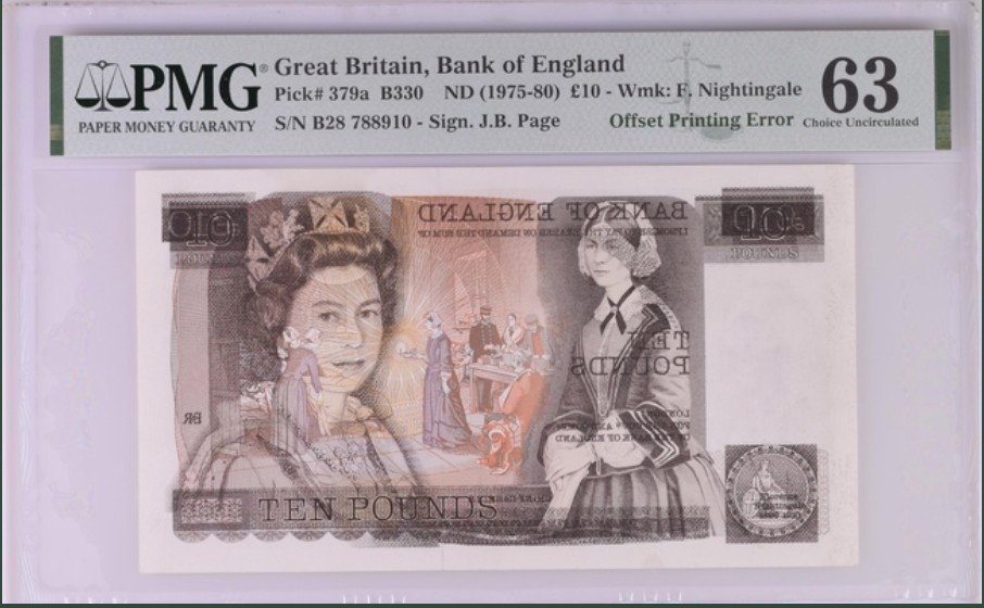 收藏联盟Quantum Auction 第251期拍卖  英国1975-80年10镑 PMG63 pmg认证错票 