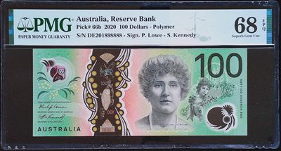 《家喻户晓》世界靓号纸钞第十六期-首发AA大猩猩67冠军分全网首拍 - 2020年澳大利亚100元 超靓号倒置号狮子号8888 PMG68超高分