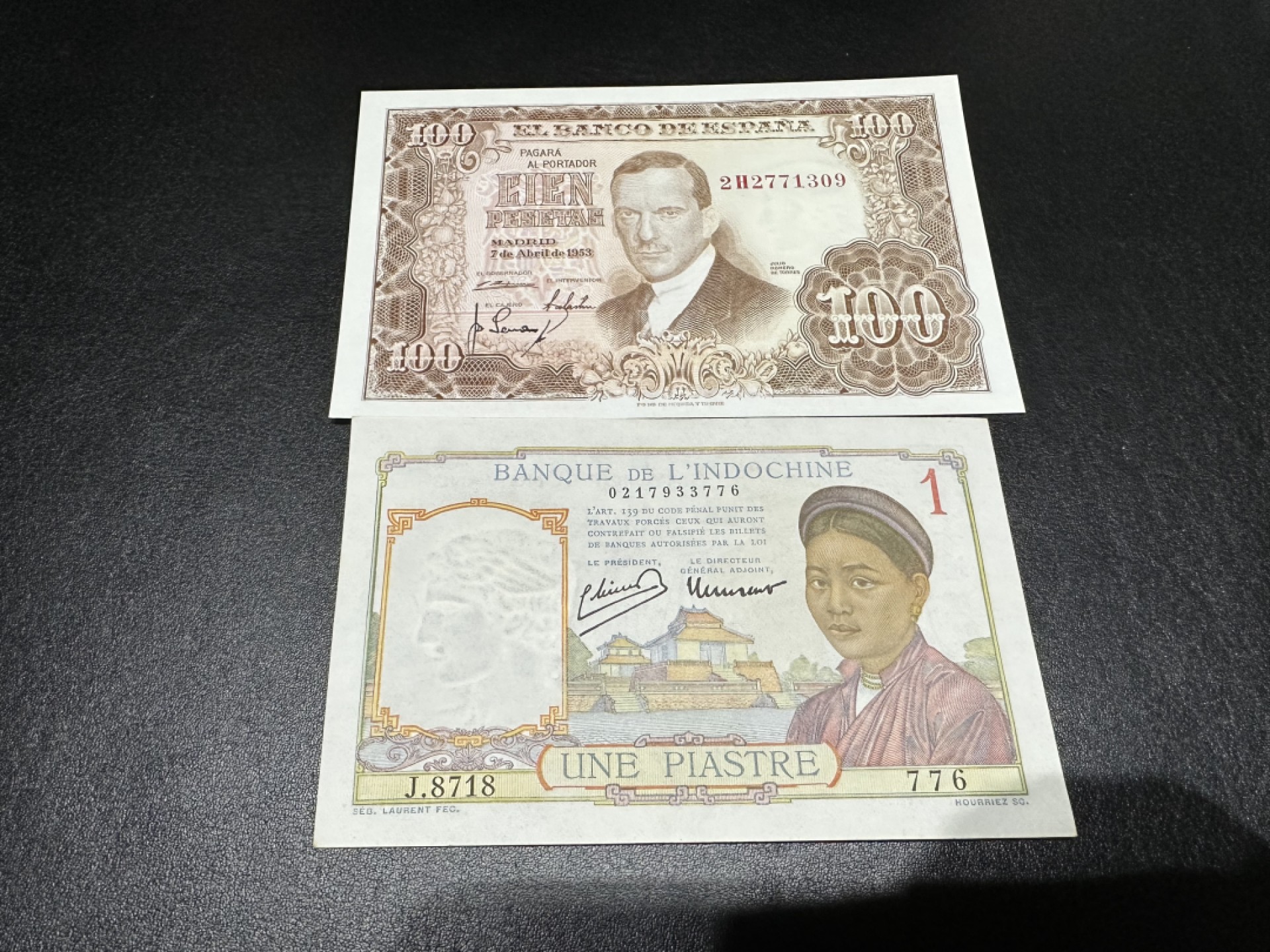 《外钞收藏家》第二百六十一期（连拍第一场） 西班牙100全新有针孔+法术印支1 近全新