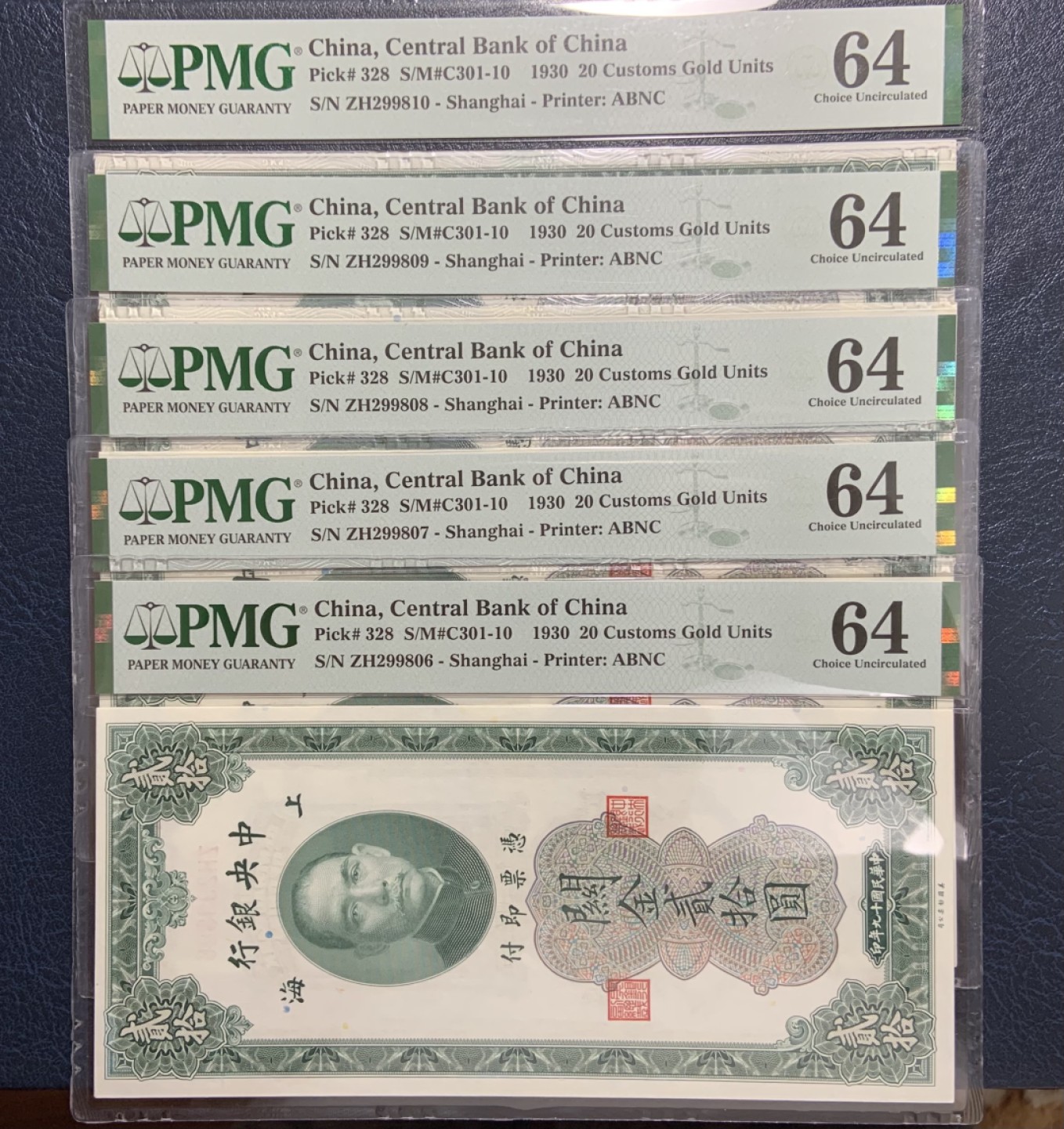 收藏联盟Quantum Auction 第250期拍卖  中央银行1930年20元五连号 PMG64