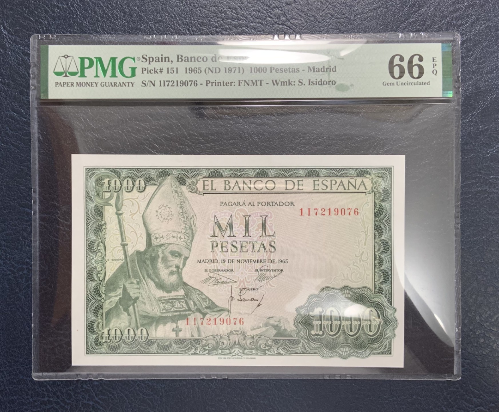 收藏联盟Quantum Auction 第250期拍卖  西班牙1965年1000比塞塔 PMG66 大主教伊斯多罗