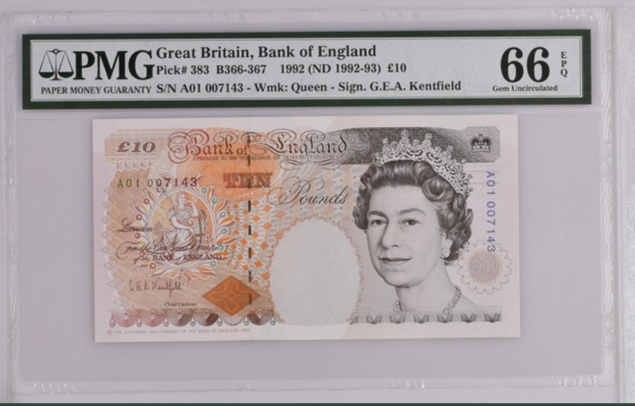 收藏联盟Quantum Auction 第251期拍卖  英国1992-93年20镑 PMG66 首发A01冠 英国文学家狄更斯