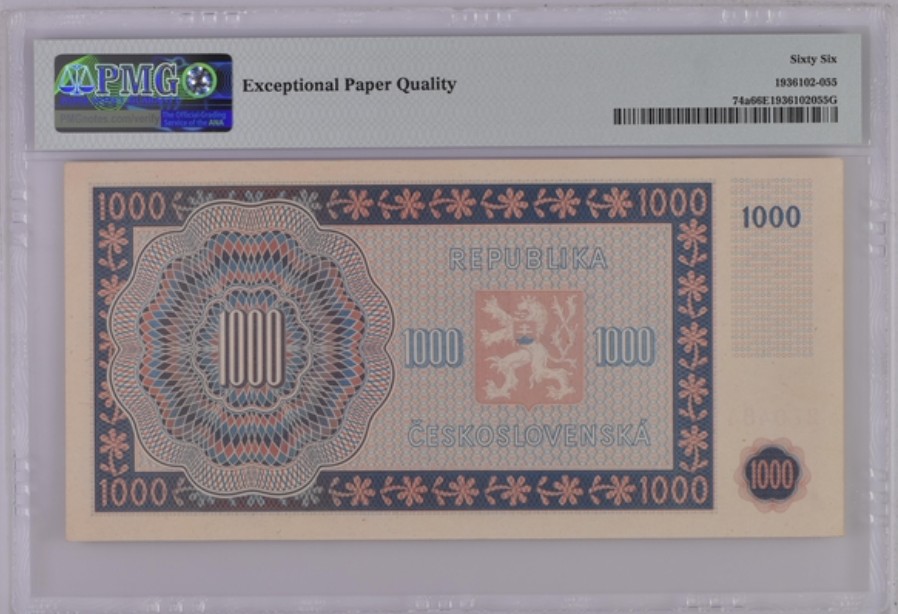 收藏联盟Quantum Auction 第251期拍卖  捷克斯洛伐克1945年1000克朗 PMG66 稀少实票