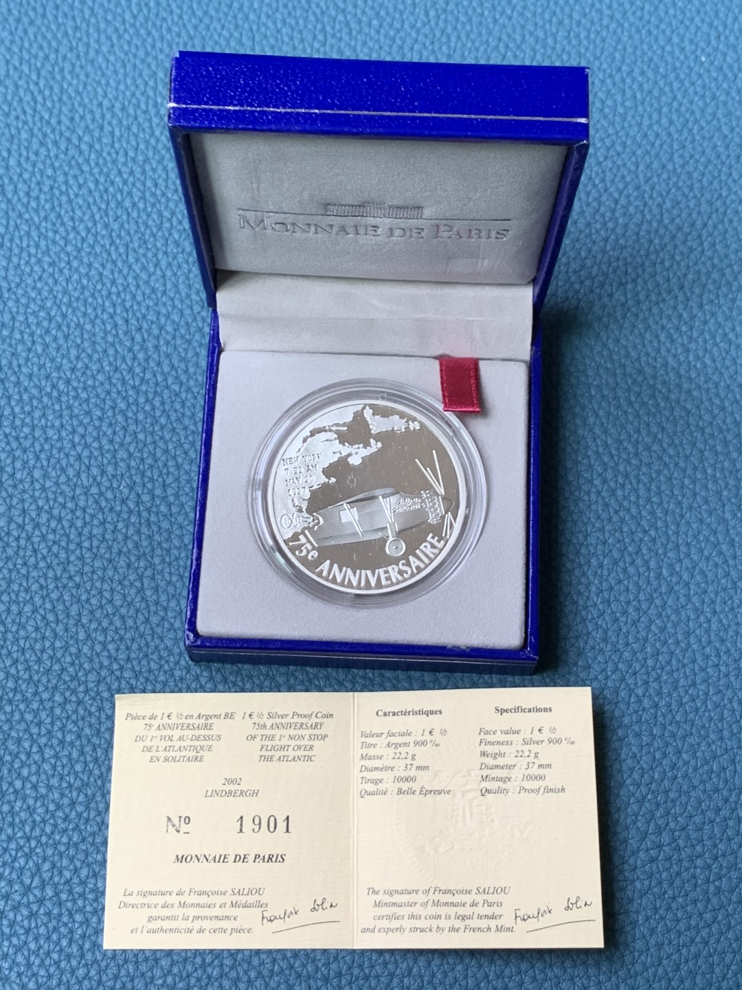 《竞宝斋》第154场-周日，周一，周四 3场 (全场包邮) 法国2002年 飞行员查尔斯七十五周年纪念 精制大银币