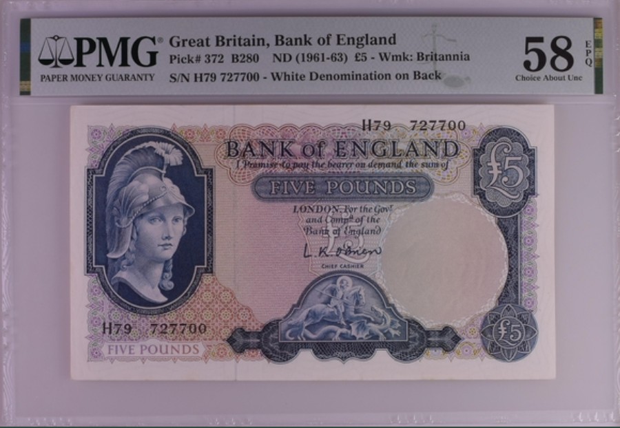 收藏联盟Quantum Auction 第251期拍卖  英国1961-63年5镑 PMG58e 帝国女神