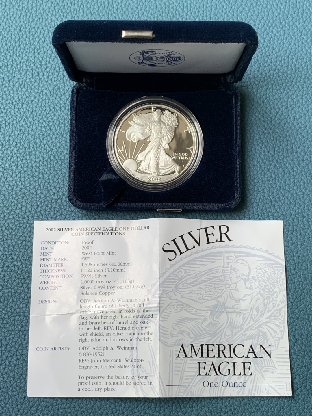 《竞宝斋》第154场-周日，周一，周四 3场 (全场包邮) 美国2002年 自由女神1盎司精制大银币  原盒证书精制币比普制的稀少很多很多