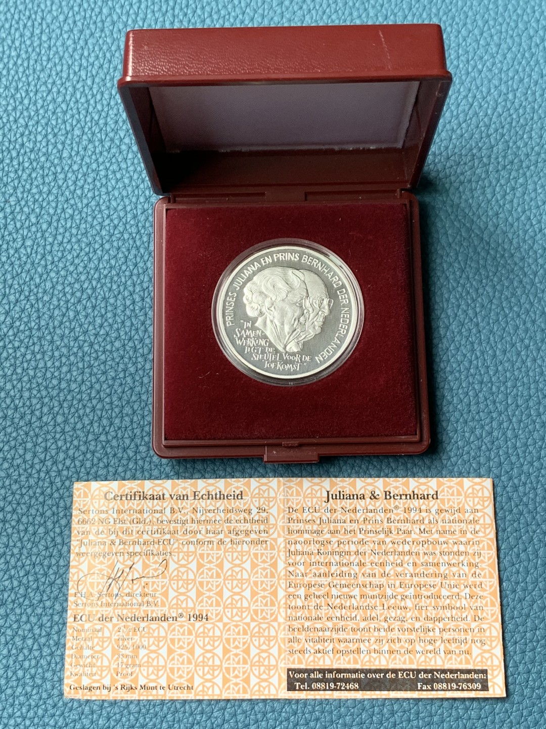 《竞宝斋》第154场-周日，周一，周四 3场 (全场包邮) 荷兰1994年 2 1/2ECU大银币 红盒子证书