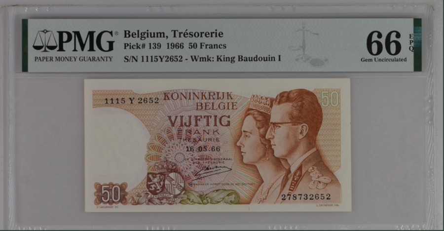 收藏联盟Quantum Auction 第251期拍卖  比利时1966年50法郎 PMG66 博杜安国王夫妇